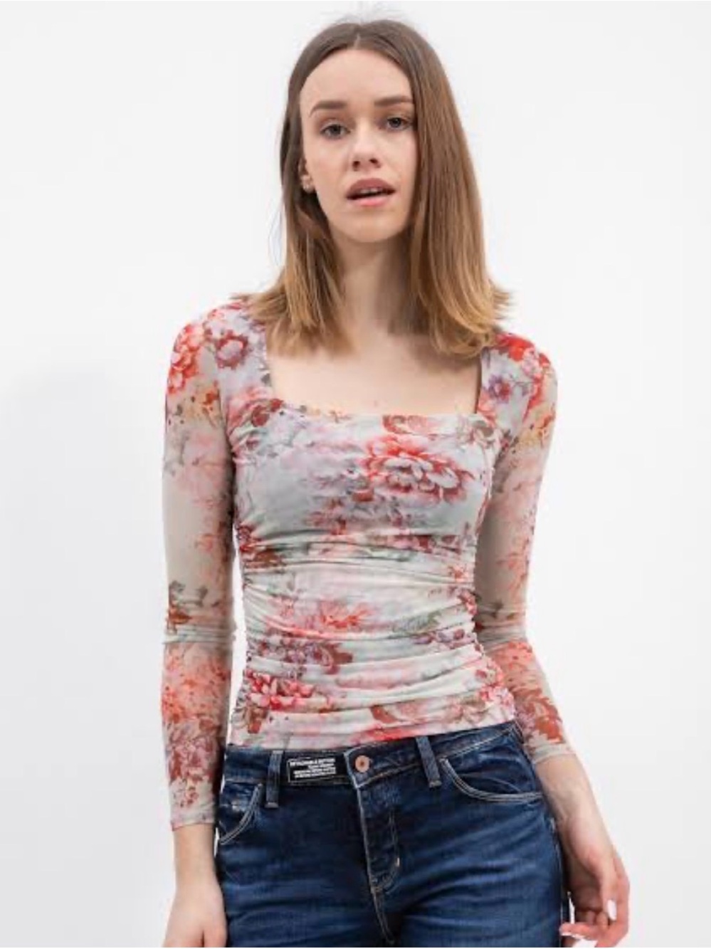 GUESS Floral Mesh Square Neck Long Sleeve Top Medium Y2K Sheer
